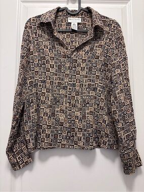 48. 100% SILK VTG Rena Rowan Beige and Black Geometric Print Button-Down Shirt